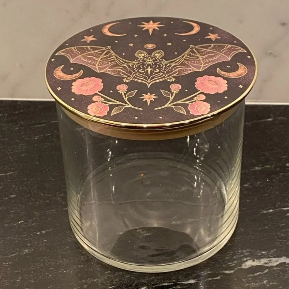 Celestial Stash Jar Clear Glass Painted Metal Lid with a Black Bat & Moon Stars